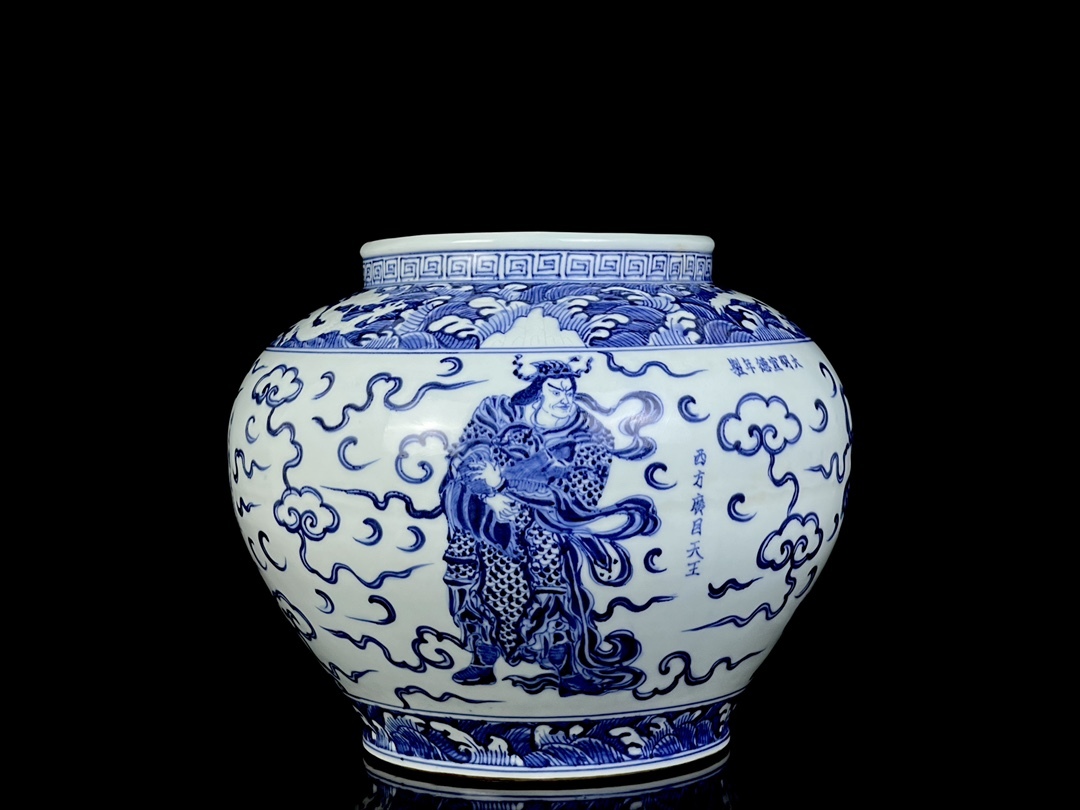 明・古陶磁器・青花四大天王人物紋罐・時代物・極細工・古賞物・中国