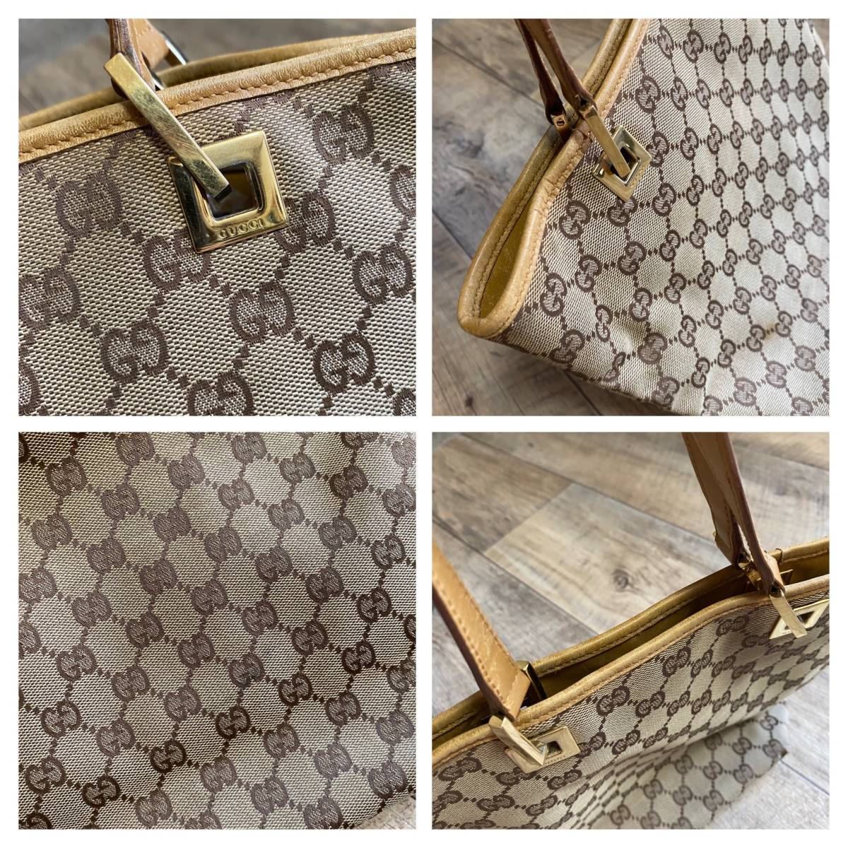本物 GUCCI グッチ GG柄 キャンバス トートバッグ ミニ ハンドバッグ ベージュ レザー ショルダー バッグ ビジネス レディース オールド