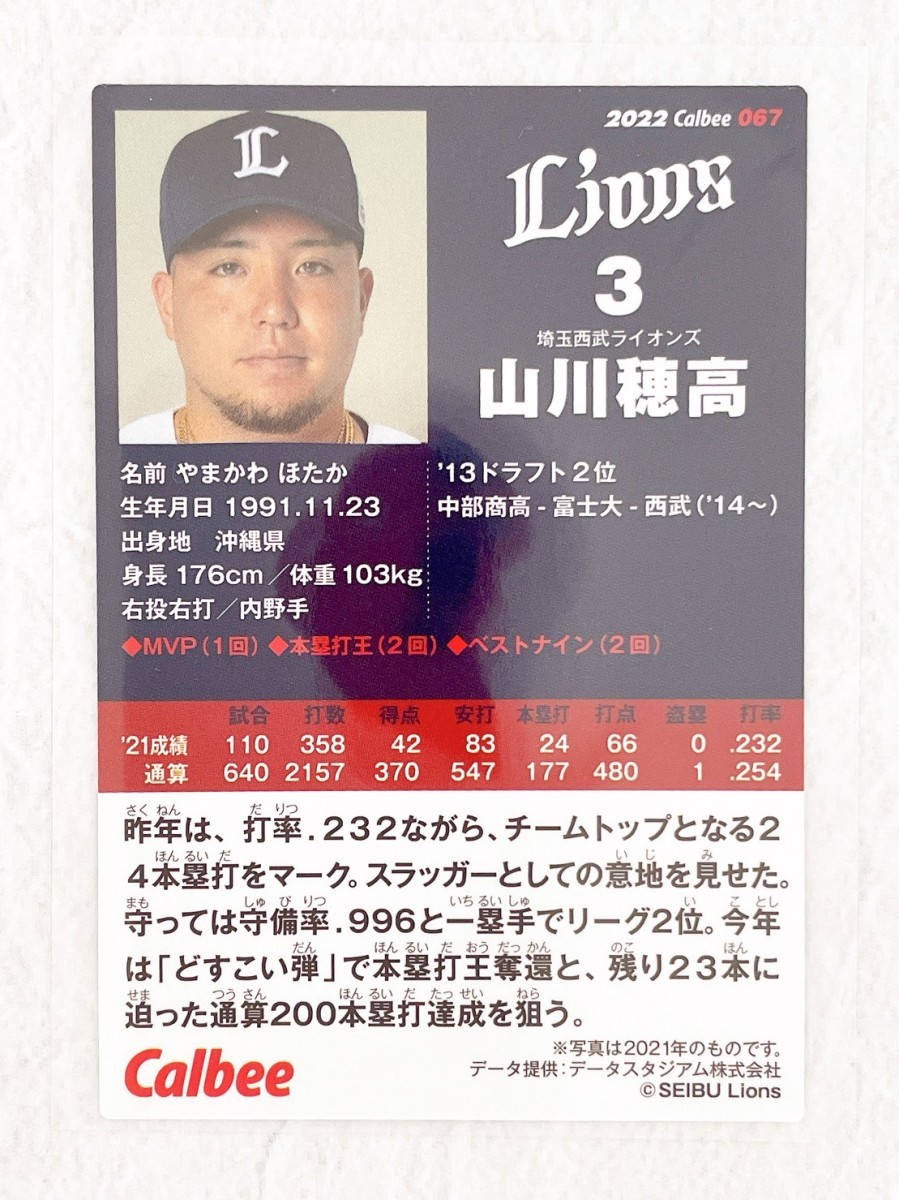 ☆ Calbee カルビー 2022 プロ野球チップス 第1弾 レギュラーカード 067 埼玉西武ライオンズ 山川穂高 ☆_画像2