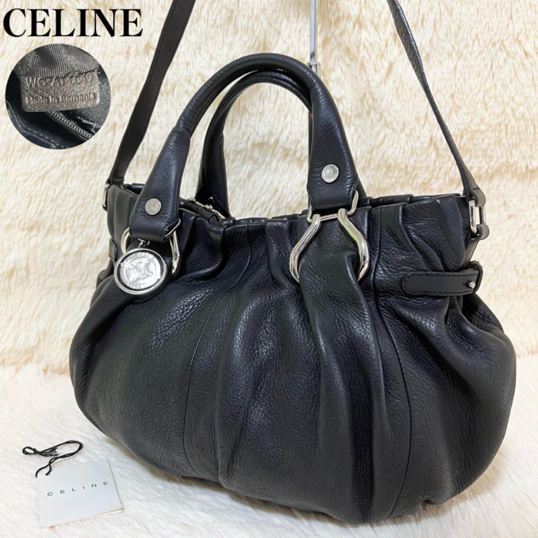 【極美品】CELINE セリーヌ 2way ショルダーバッグ ピローバッグ トリオンフ ブラック レザー ハンドバッグ ブラゾン レディース 付属品