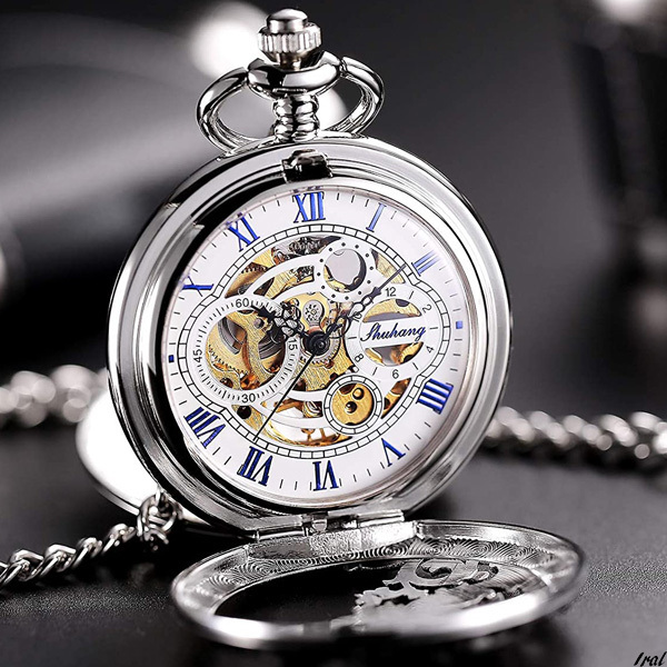 時計 両面蓋付き 懐中時計 銀 シルバー ドラゴンシースルースケルトン