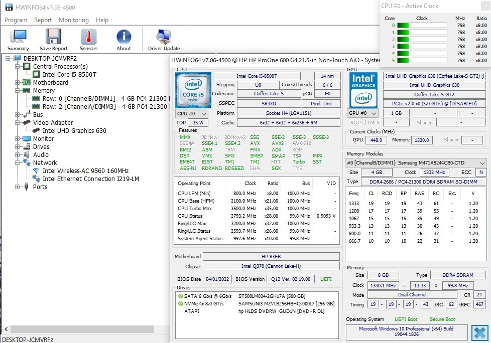 高速起動 Core i5-8500T HP ProOne 600 G4 22型液晶 メモリ8GB SSD256GB HDD500GB DVD-RW Wi-Fi Windows10 Office2019 Windows11可_HWiNFOの情報です