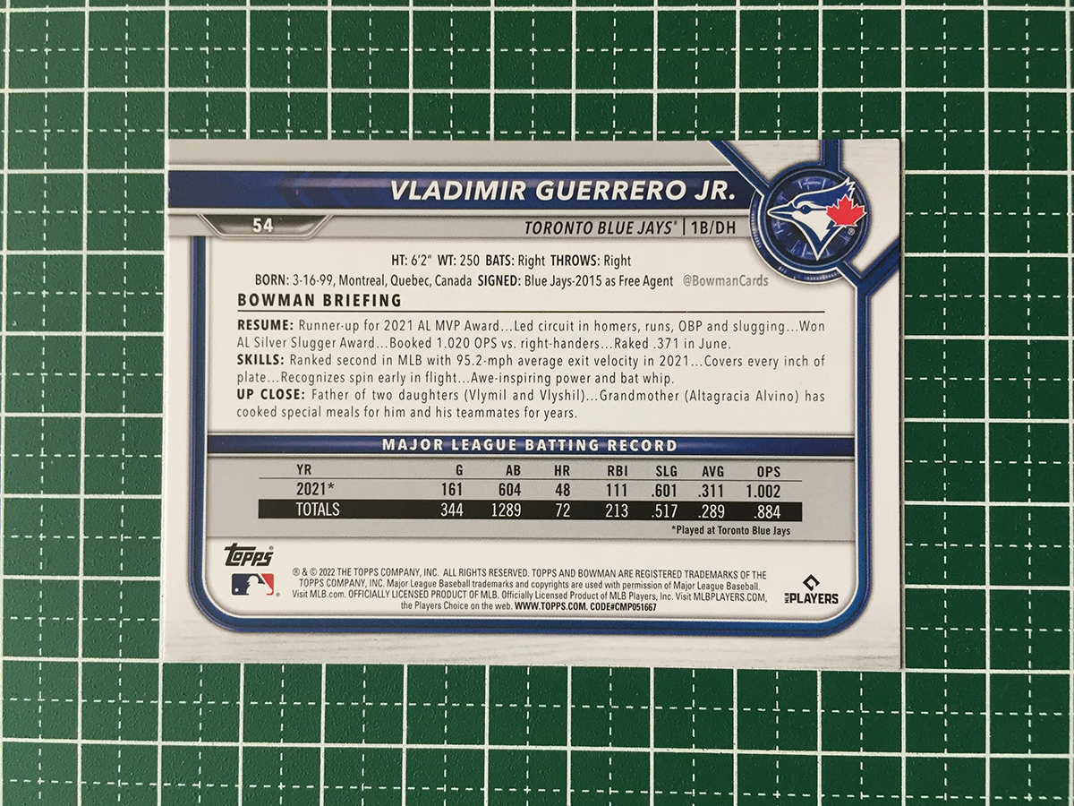 ★TOPPS MLB 2022 BOWMAN #54 VLADIMIR GUERRERO JR.［TORONTO BLUE JAYS］ベースカード「BASE」★_画像2