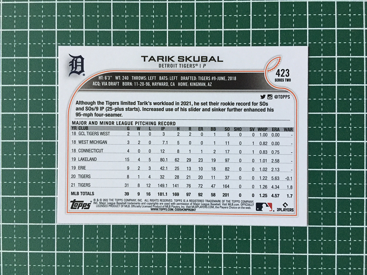 ★TOPPS MLB 2022 SERIES 2 #423 TARIK SKUBAL［DETROIT TIGERS］ベースカード「BASE」★_画像2