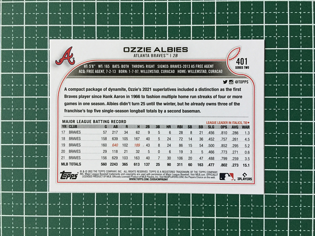 ★TOPPS MLB 2022 SERIES 2 #401 OZZIE ALBIES［ATLANTA BRAVES］ベースカード「BASE」★_画像2