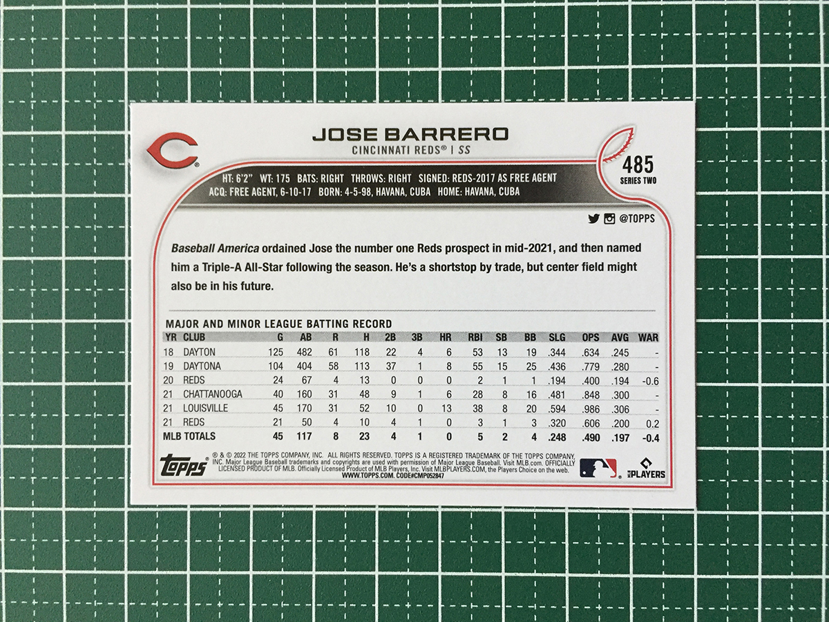 ★TOPPS MLB 2022 SERIES 2 #485 JOSE BARRERO［CINCINNATI REDS］ベースカード「BASE」★_画像2