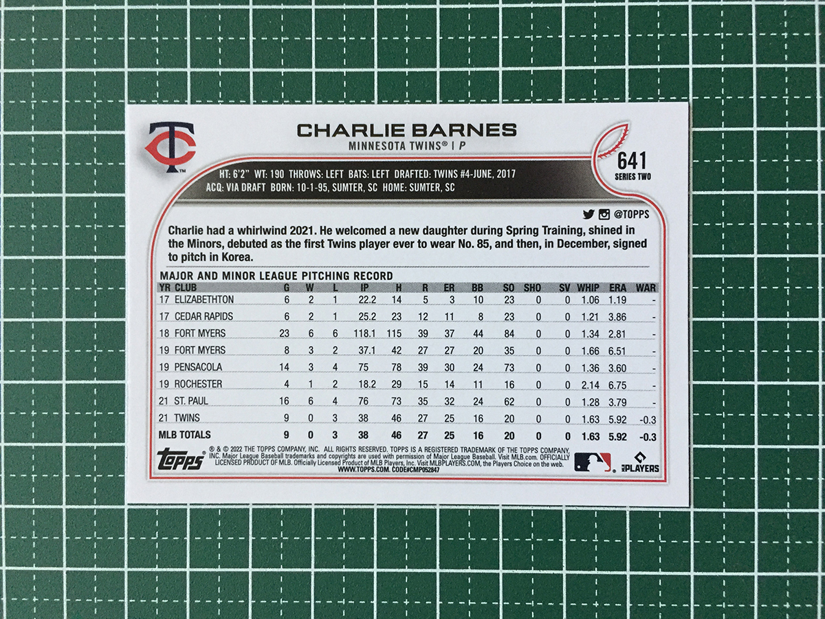 ★TOPPS MLB 2022 SERIES 2 #641 CHARLIE BARNES［MINNESOTA TWINS］ベースカード「BASE」ルーキー「RC」★_画像2