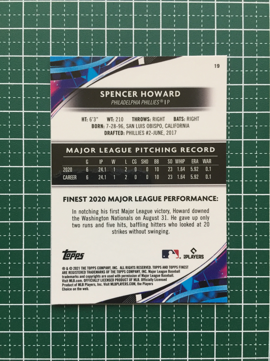 ★TOPPS MLB 2021 FINEST #19 SPENCER HOWARD［PHILADELPHIA PHILLIES］ベースカード「BASE」ルーキー RC★_画像2