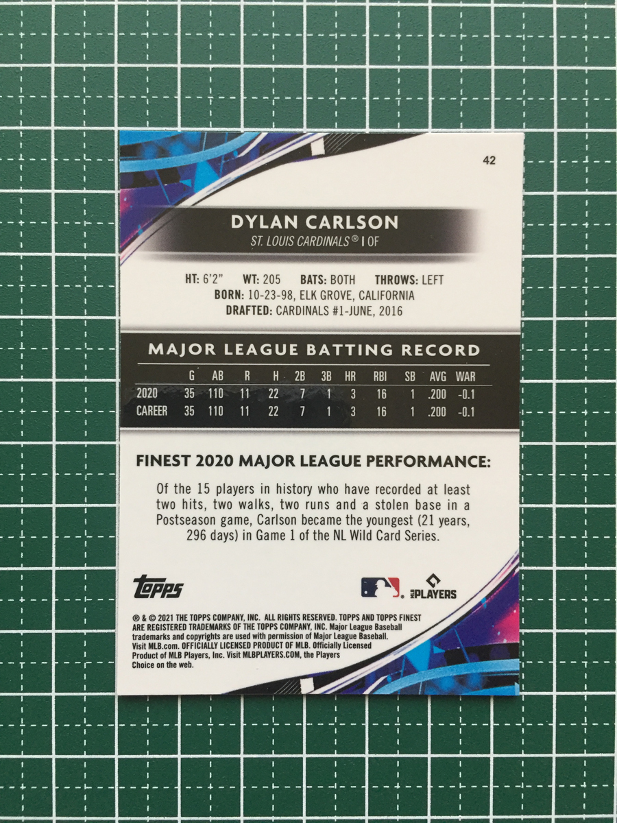 ★TOPPS MLB 2021 FINEST #42 DYLAN CARLSON［ST. LOUIS CARDINALS］ベースカード「BASE」ルーキー RC★_画像2