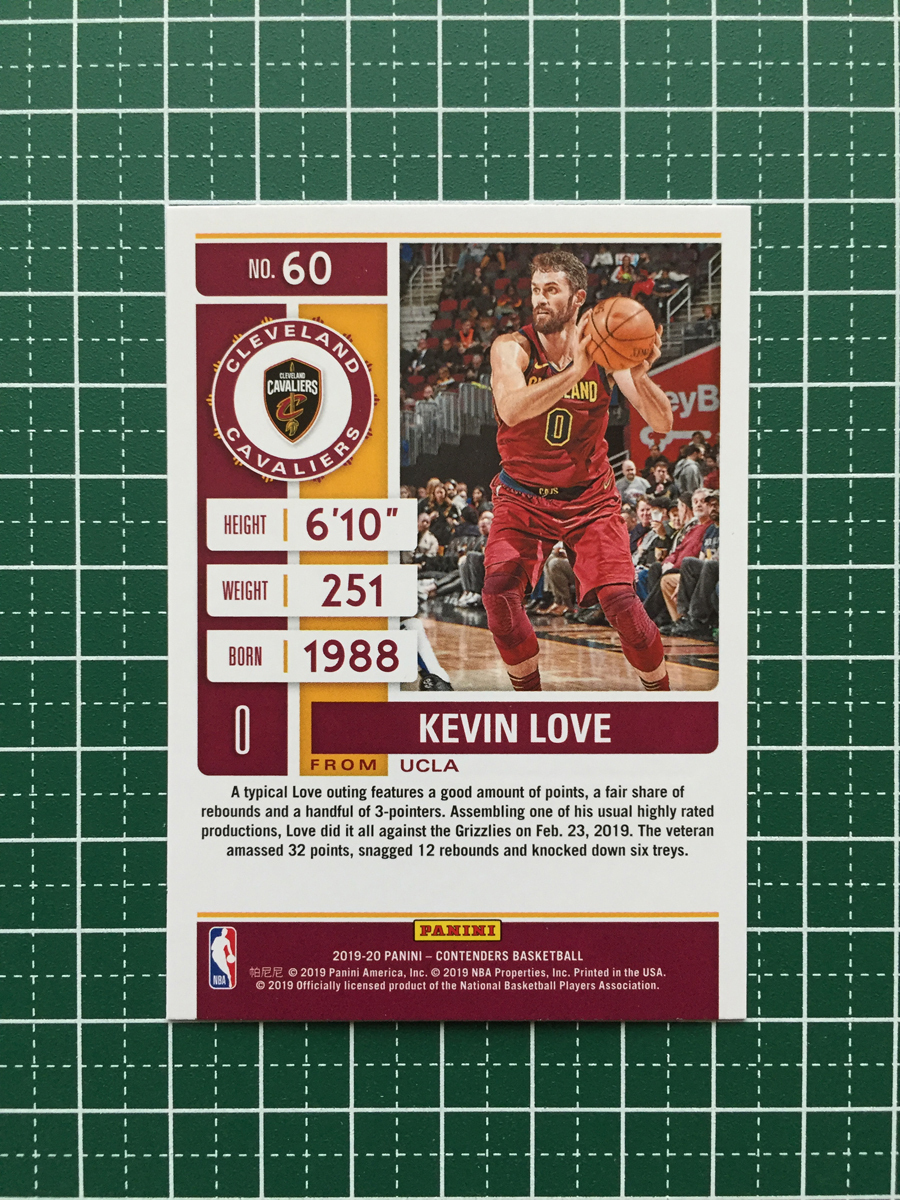 ★PANINI 2019-20 NBA CONTENDERS #60 KEVIN LOVE［CLEVELAND CAVALIERS］ベースカード SEASON TICKET 2020★_画像2