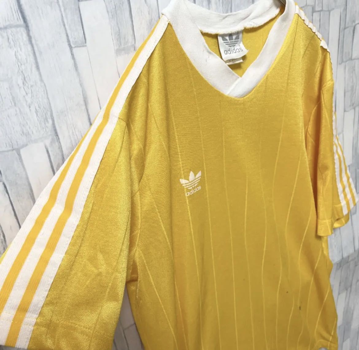 adidas オールド アディダス ゲームシャツ Ｔシャツ ユニフォーム サッカーシャツ 80s 80年代 S イエロー 半袖 銀タグ USA製  3ライン