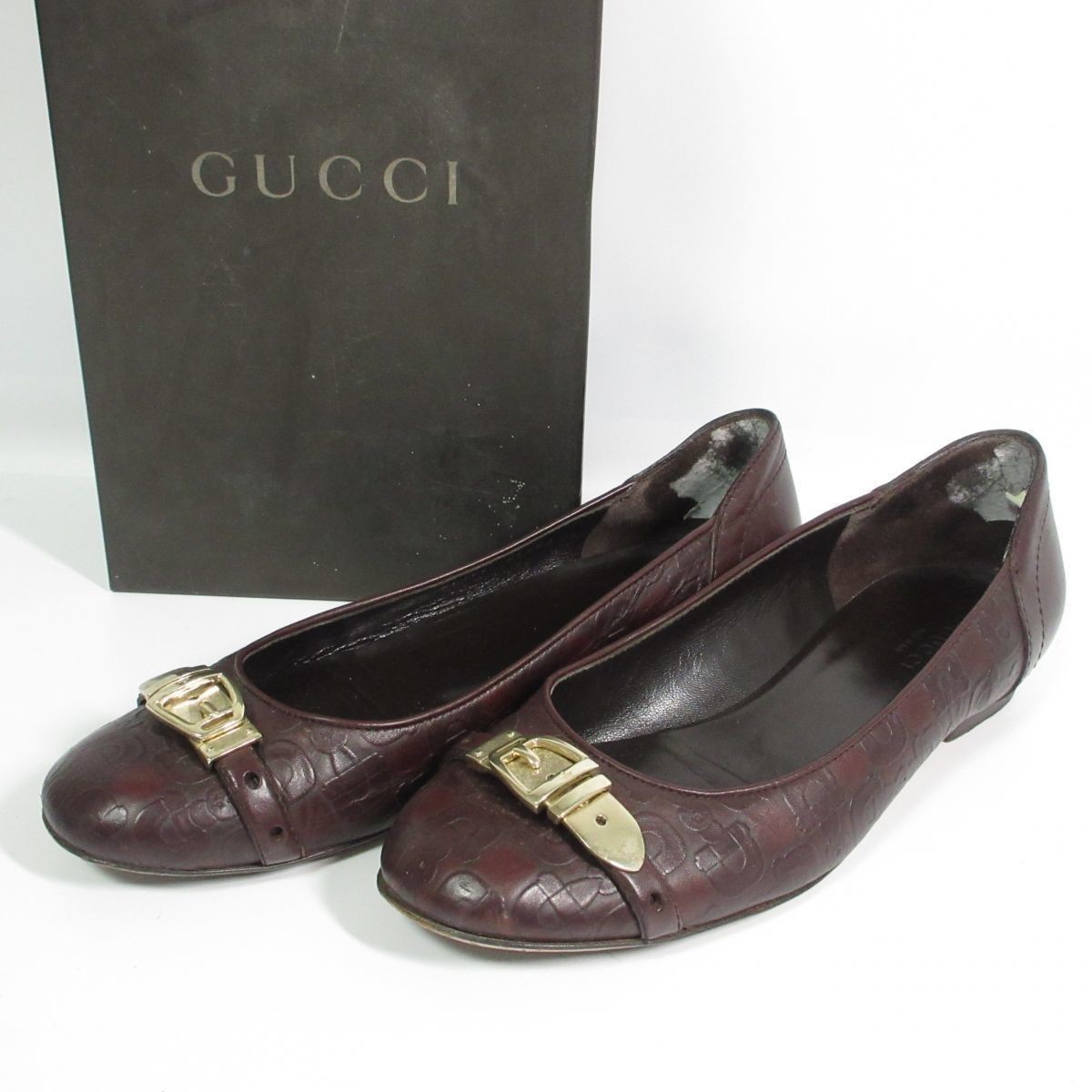 良品 GUCCI グッチ ホースビットロゴ 総柄 ラウンドトゥ フラット