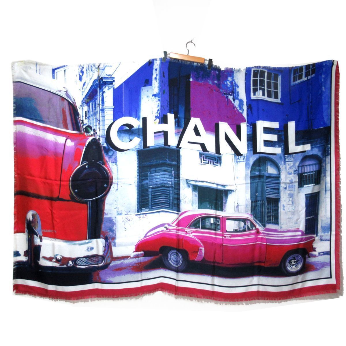 美品 CHANEL シャネル シルク100% 車柄 大判 フリンジ スカーフ