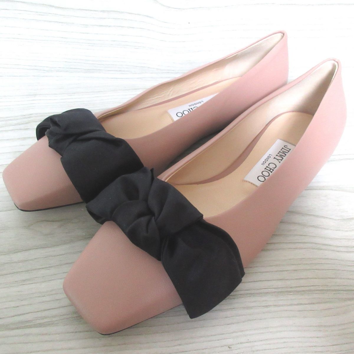 未使用 JIMMY CHOO ジミーチュウ スクエアトゥ レザー リボン フラット