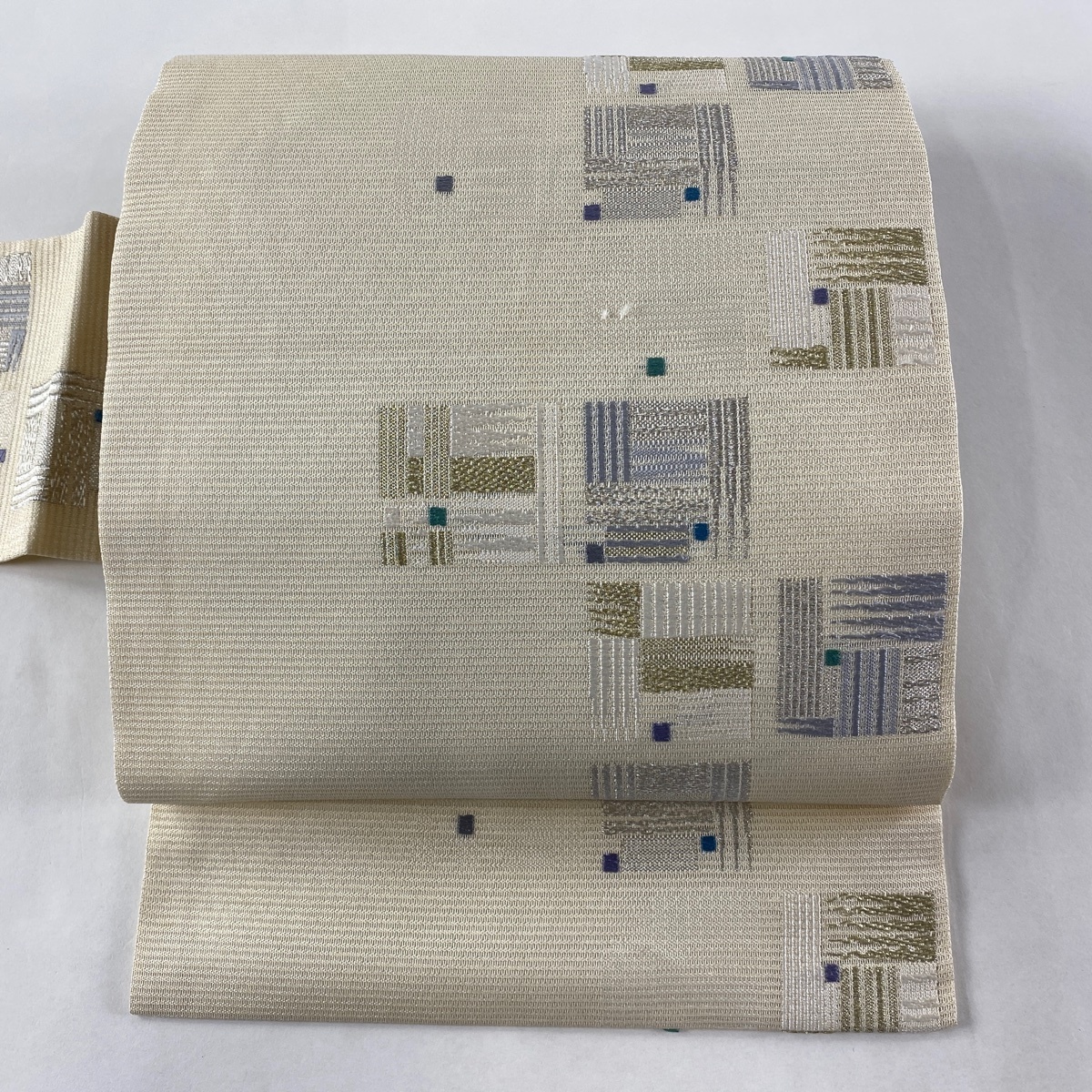 名古屋帯 名品 夏帯 絽 幾何学模様 金銀糸 クリーム 正絹 【】 www