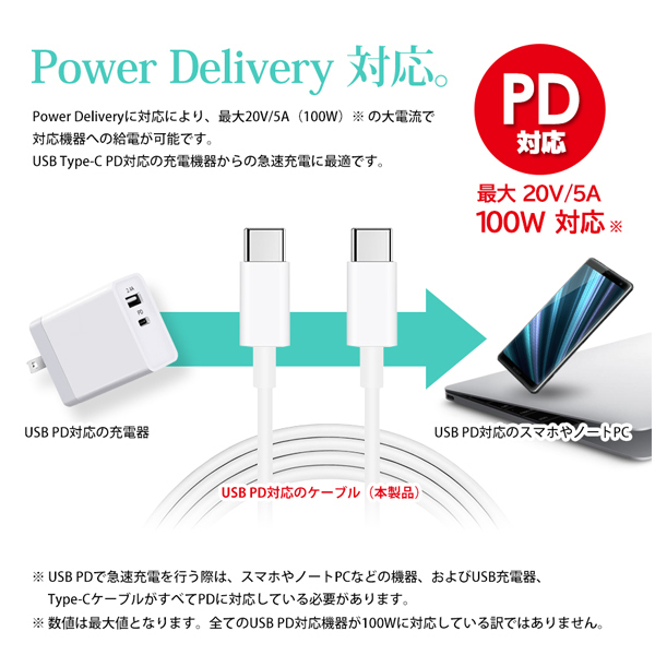 1年保証』 USB充電ケーブル Type-C to PD対応 高速 急速 充電器 MAX 5A 20V 100W スマホ タブレット ノートPC Power  Delivery 2m 送料無料 sumaino-honto.com