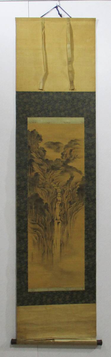《ジャムルK》kko7-54 ◆送料無料◆ 掛軸 武禅 銘 瀧之図 山水 風景画 日本画 絹本 肉筆 模写 木箱 難あり
