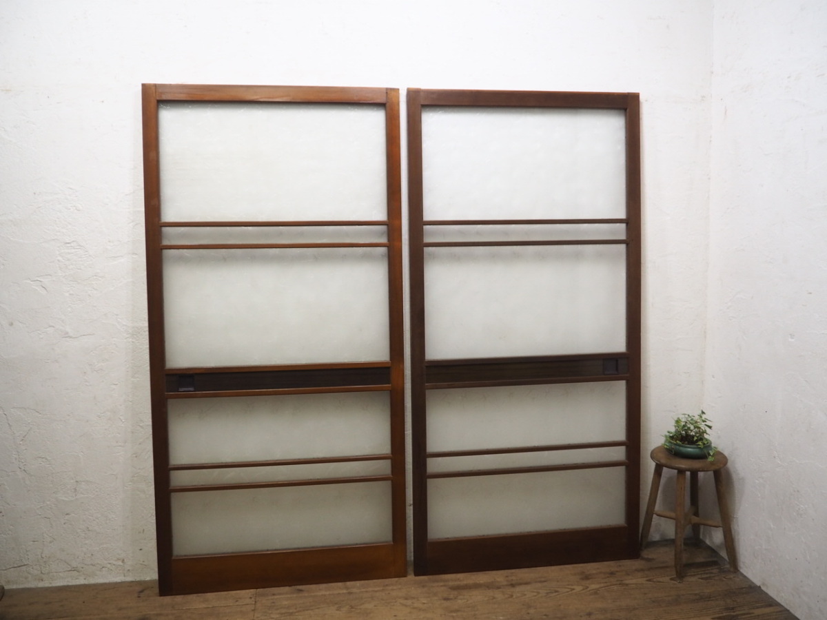 タE0199◆【H176,5cm×W87,5cm】×2枚◆素敵なデザインガラスの古い木製ガラス戸◆建具 引き戸 サッシ 古民家 町家 レトロ ビンテージL松