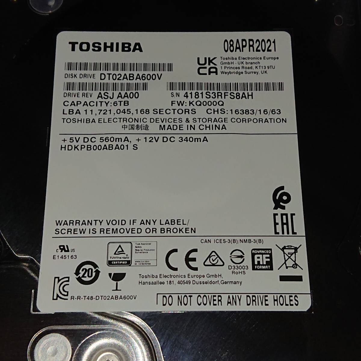 6TB TOSHIBA 静音AVコマンド対応SATA HDD DT02ABA600V 237時間 東芝 
