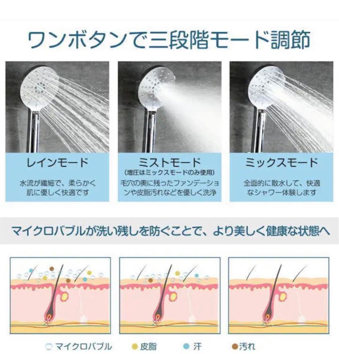 シャワーヘッド　マイクロバブル　水量3段調節　節約　説明書付き