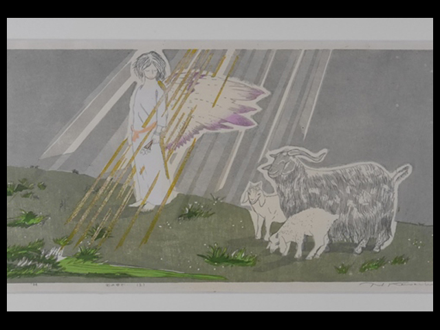 河内美栄子（河内美榮子）木版画「光の中で・・・」（天使と羊の親子
