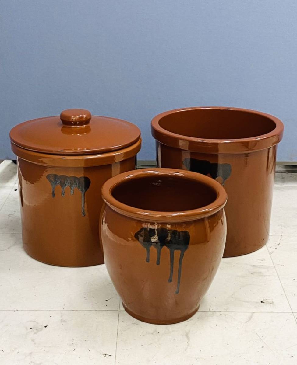 久松窯 飲食物容器 3点セット 陶器 やきもの 蓋付き かめ 常滑焼 漬物 