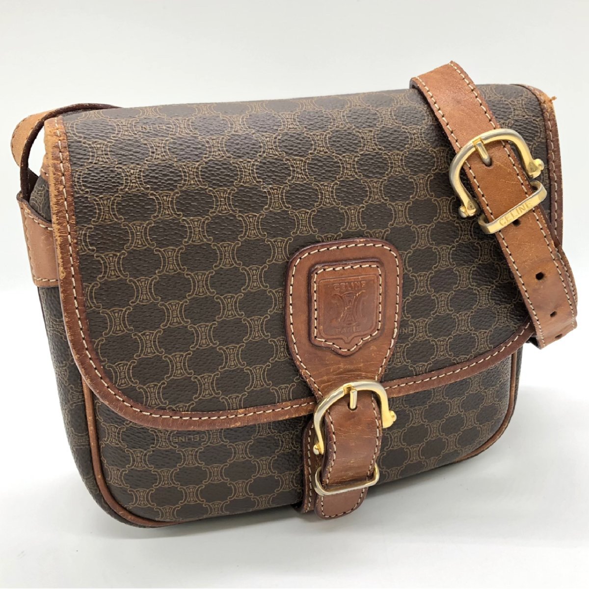1円~/CELINE/セリーヌ/マカダム柄/M90/レザー/ブラウン/ゴールド金具