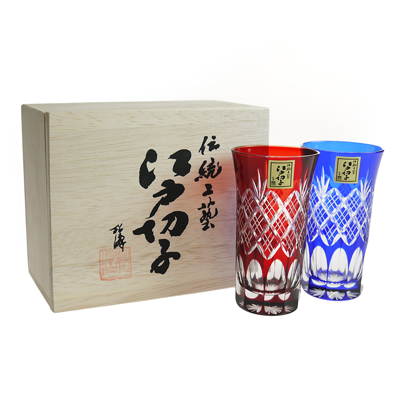 ビールグラス 冷酒グラス 一口ビールグラス 田島硝子 江戸硝子 切子 日本製 2個セット ペア 瑠璃 ブルー 銅赤 レッド 重ね矢来 菊 木箱の画像2
