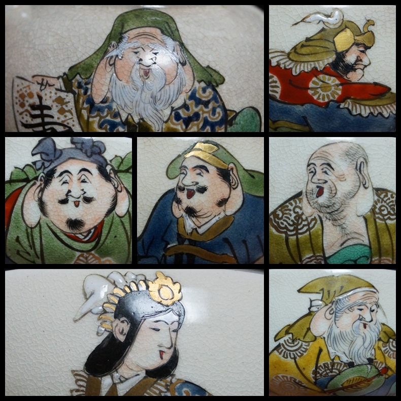 閑】煎茶道具 明治期京薩摩 金彩色絵『七福神』急須/湯冷まし/煎茶碗