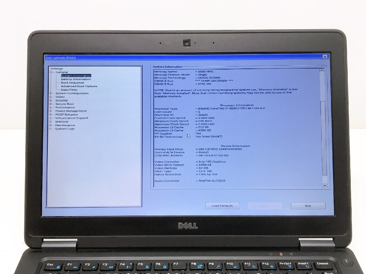 DELL latitude E7250 Core i7 5600U 2.6GHz 8GB SSD256GB 12.5インチ ノートパソコン BIOS可 ジャンク扱い H10058_画像8