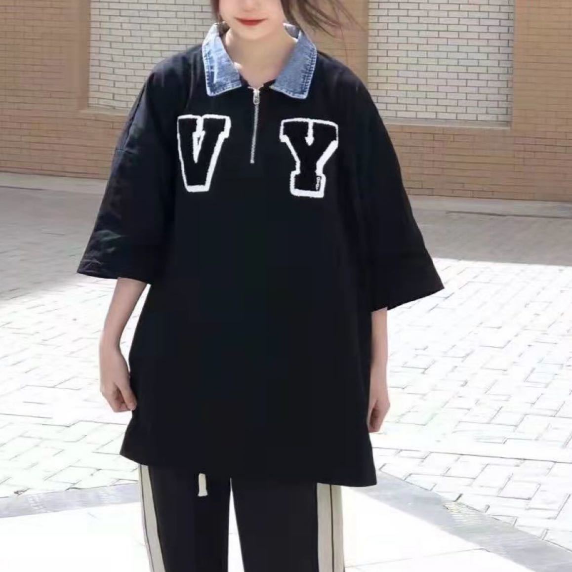 ポロシャツ ビッグシルエット 半袖 トップス カットソー ジップ シャツ カットソー 黒 ブラック メンズ レディース 原宿系 韓国系