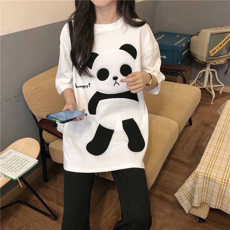  T-shirt big Silhouette short sleeves tops cut and sewn Panda lady's men's shirt Korea series .. series design XL white white lovely 