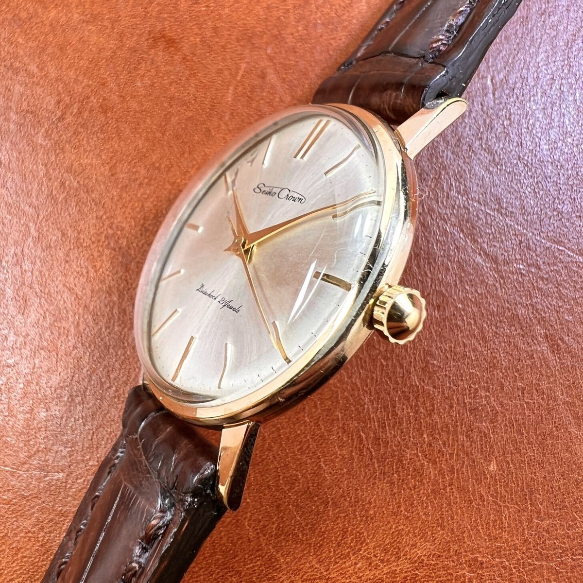 OH済! 美品! SEIKO Crown クロコダイル本革 手縫いベルトDバックル付