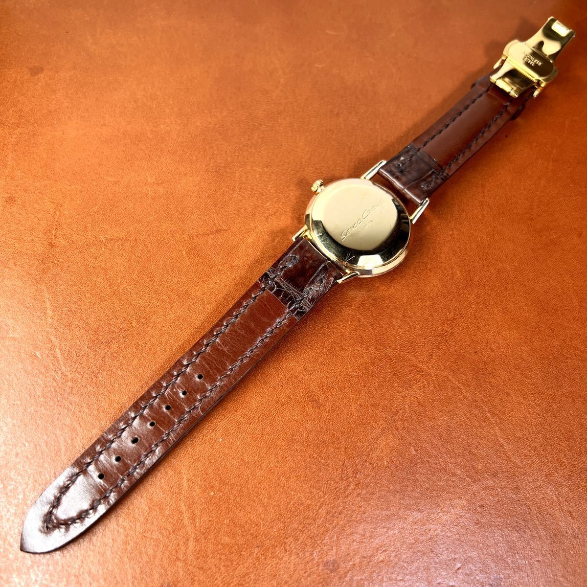 OH済! 美品! SEIKO Crown クロコダイル本革 手縫いベルトDバックル付