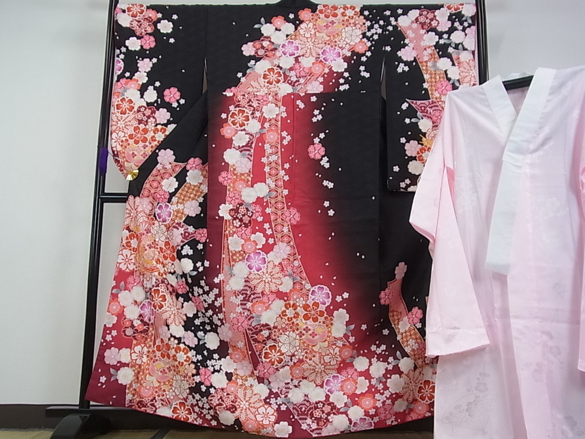 平和屋□極上 H・L(アッシュエル) 小振袖・長襦袢セット 花蝶文 黒地