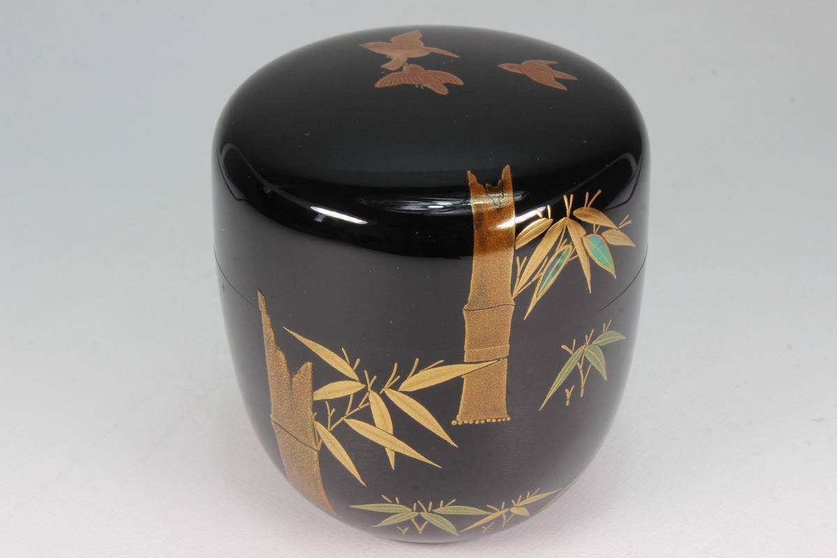 茶道具 加賀蒔絵師 田中宗凌作 黒漆蒔絵 月に芒 中棗 共箱 C R4148 茶道具 加賀蒔絵師 田中宗凌作 黒漆蒔絵 月に芒 中棗 共箱 C R4148