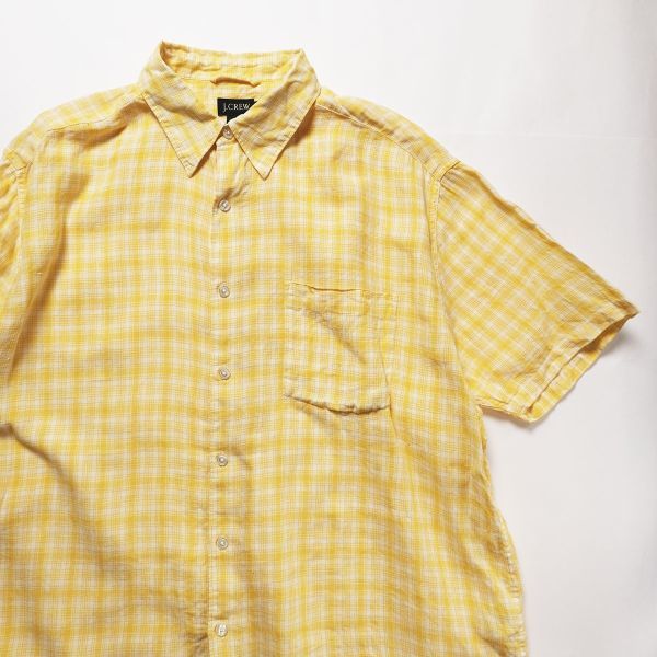 90's 00's Jクルー J.CREW 100% リネン チェック ボックスシャツ 黄色×白 (L) 半袖 90年代 00年代 旧タグ オールド