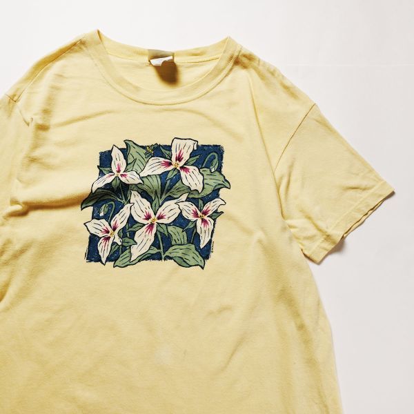 90's USA製 LLビーン L.L.BEAN フラワープリント コットン Tシャツ 半袖 (WOMENS M) 黄色 クルーネック 90年代 アメリカ製 旧タグ オールド