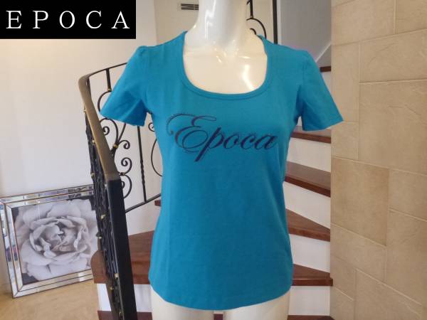 美品　EPOCA　エポカ　40　ターコイズブルー　ビジュー　半袖Tシャツ　ストレッチ素材　M相当_画像1