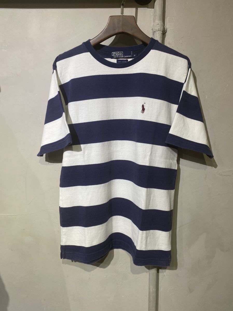 【即決】polo ralph lauren ポロラルフローレン 太ボーダー Tシャツ カットソー 半袖 白 紺 ホワイト ネイビー 胸ポニー 古着 M_画像2