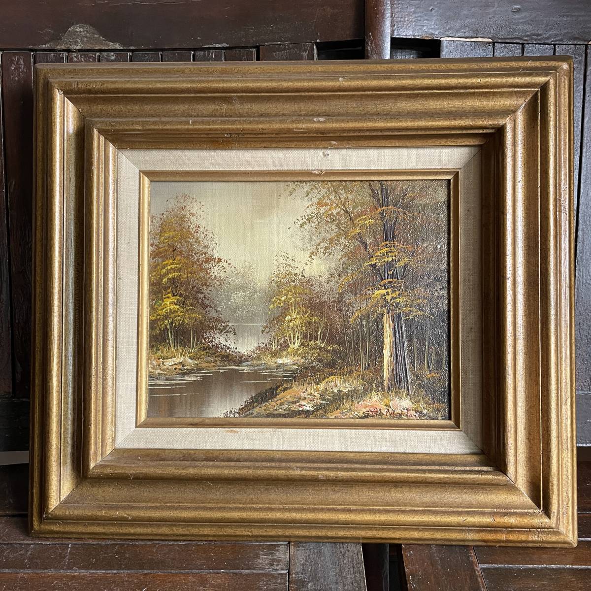 絵画/タペストリ アンティーク絵画 油彩 アメリカ 森林と川 風景画 Antique ヴィンテージ