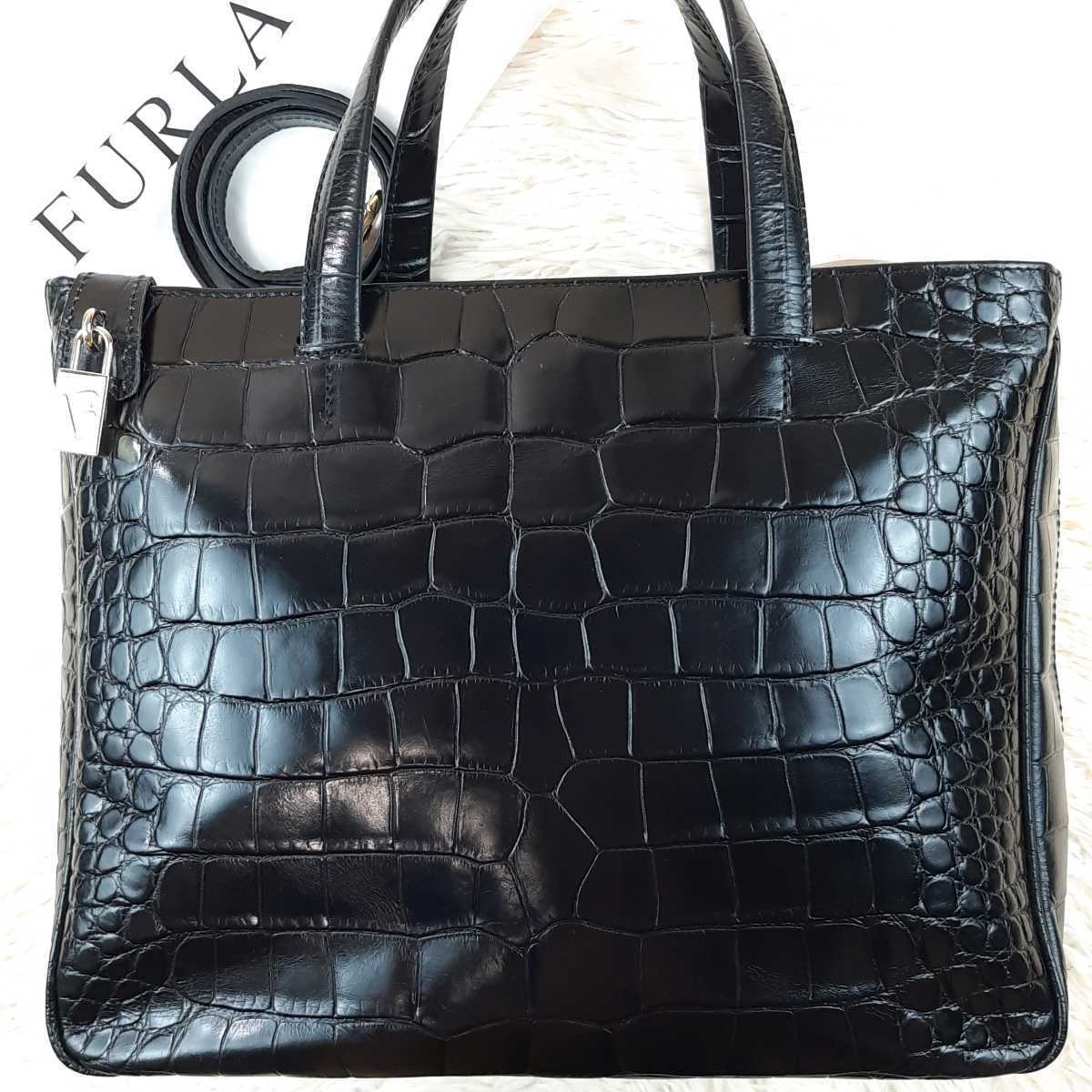 超激得得価 FURLA クロコ 2way ハンドバッグ ロゴチャーム 黒 レザー