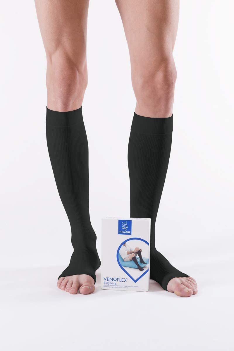 VENOFLEX「下肢静脈の血流促進」弾性ストッキング 医療用 男性用 ELEGANCE 着圧ソックス オープントゥ 20-36mmHg ブラック 黒(L)