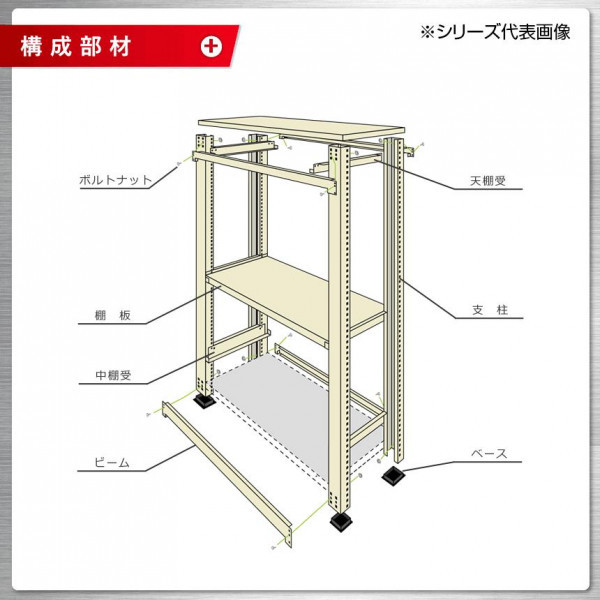 軽中量ラック　耐荷重200kgタイプ　単体　間口1800×奥行450×高さ1500mm　4段　アイボリー_画像5