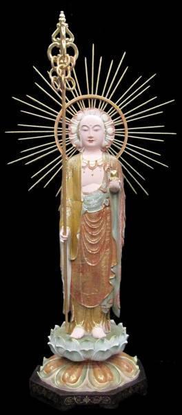 木彫　地蔵菩薩像　立像 　極彩色仕上げ　仏像　高さ約80cm　彫刻 美品