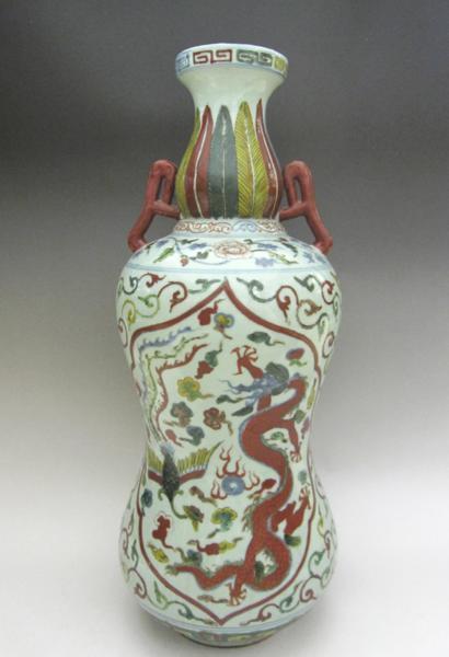 景徳鎮 嘉靖赤絵龍鳳凰文耳付花生 49cm 五爪龍 大明萬暦 中国_画像1