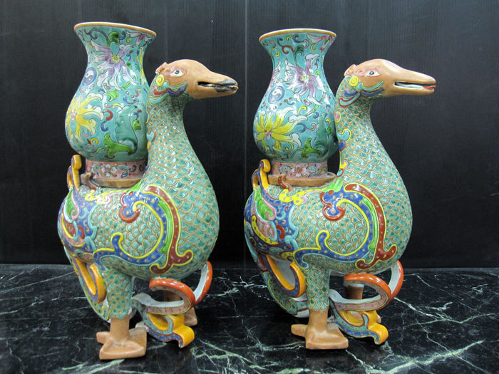 景徳鎮 十錦 動物飾り壺(1対) 高さ約35.5cm 中国美術 陶磁器 花瓶