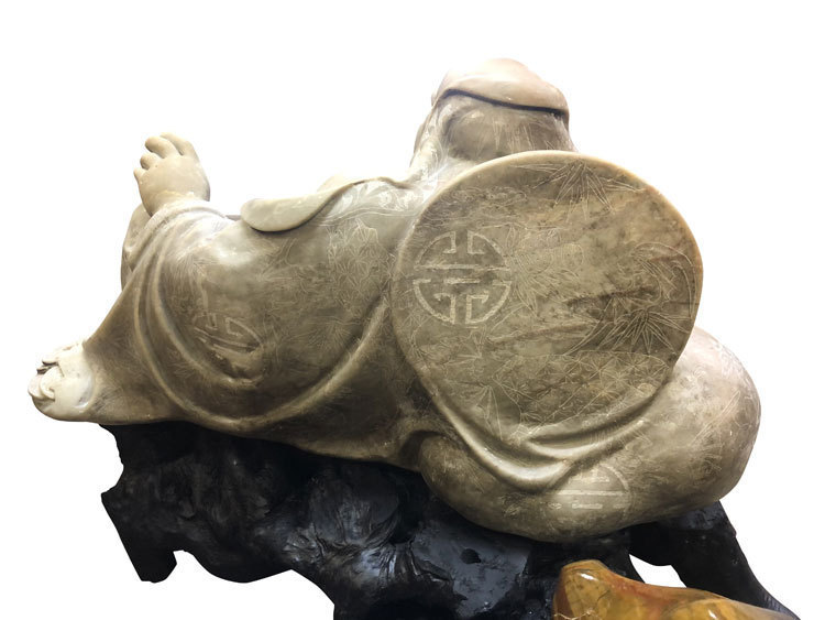 天然石彫刻 布袋像 台座付き 七福神 置物 仏教美術 仏像 総高約57cm - 5