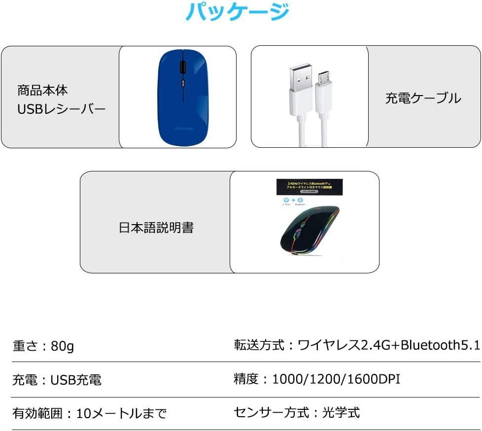 『送料無料』ワイヤレスマウス Bluetooth 無線マウス 七色LEDライト 静音 小型 USB充電式 2.4GHz 高精度 省エネモード　ダークブルー