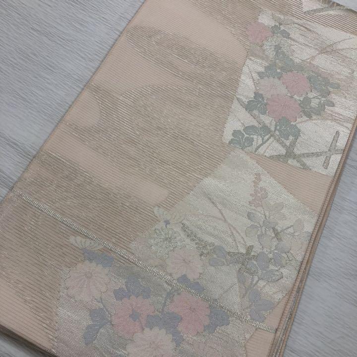 【メーカー直売】 1765　夏　絹 袋帯　薄サーモンピンク　色紙　菊　萩　桔梗　上品 仕立て上がり